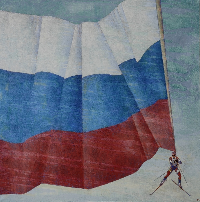 Финиш Елены Вяльбе с флагом - моя Россия! Автор_ Ирина Ива Техника_ Холст, акрил, масло, 100х100 Год_ 2024 (1).jpg